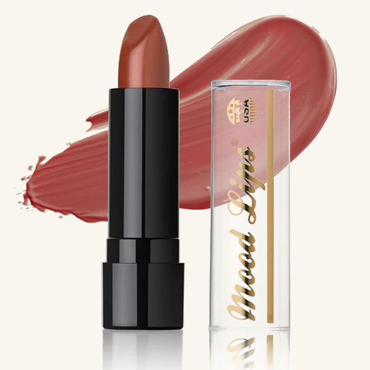 Mood Lips color changing brown lipstick with black tube and clear cap next to brown lipstick smear