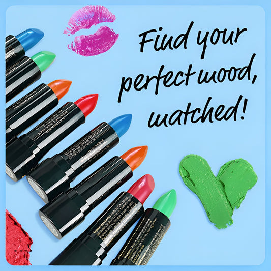 Mood Lips color changing brown lipstick and other vibrant lipstick shades on blue background