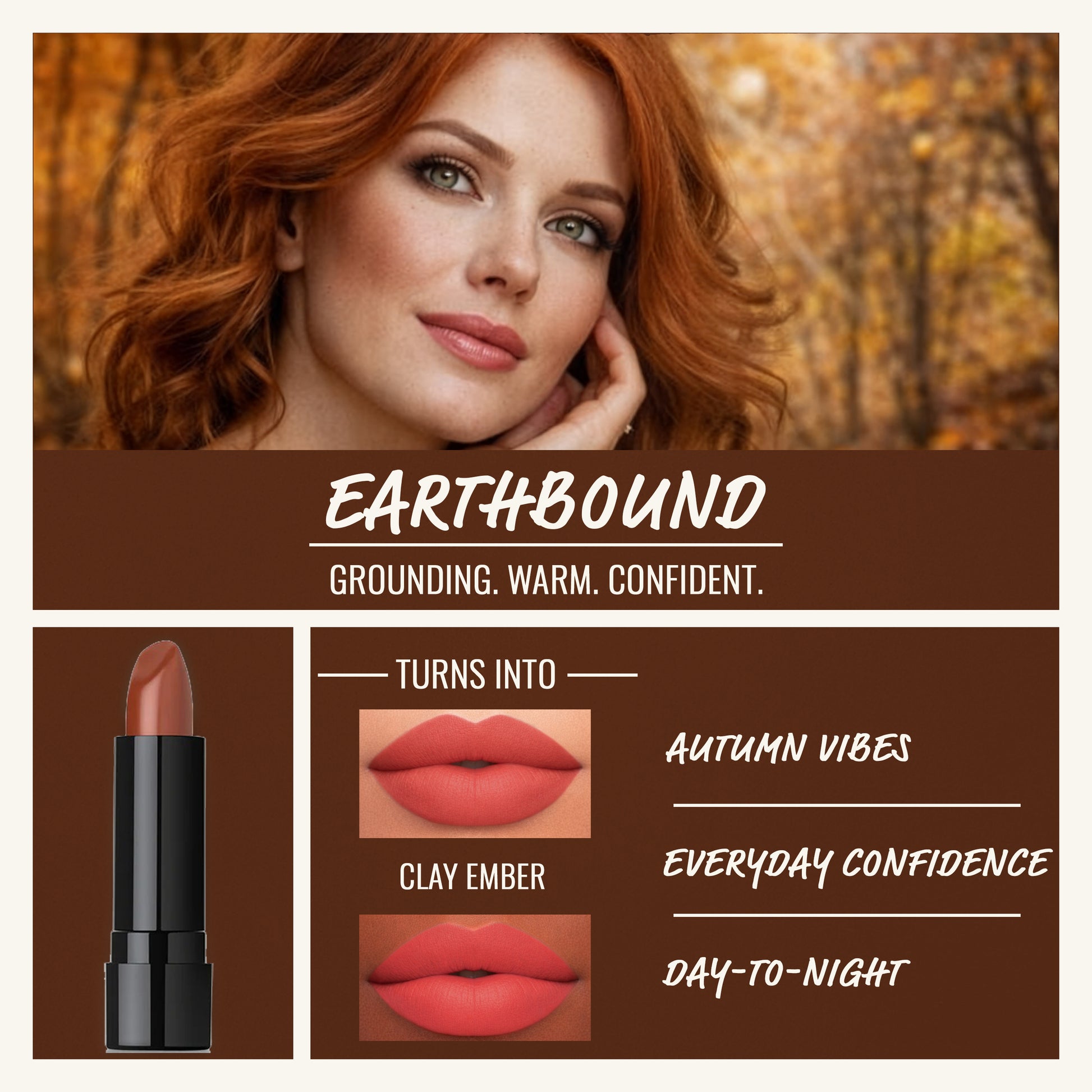 Mood Lips Earthbound color changing brown lipstick shown with autumn-inspired lip colors Clay Ember